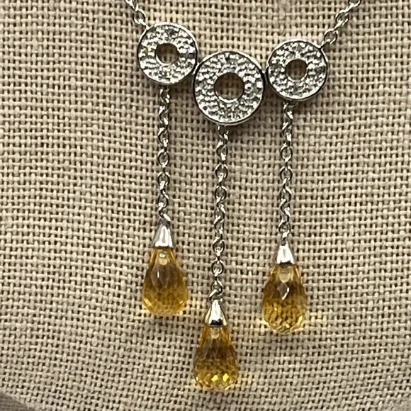 Vintage 10KT White Gold Necklace with Citrine Briolette Drops & Diamond Accents - Picture 2 of 15